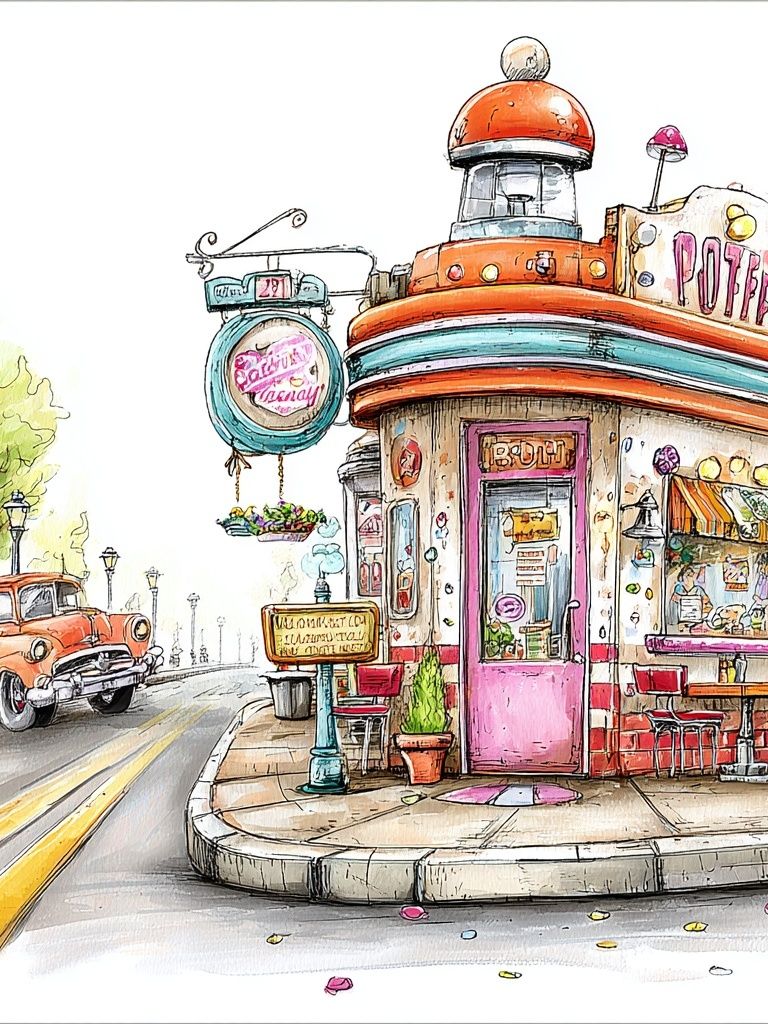Retro Diner Street Scene Illustration Poster. poster — illustration art