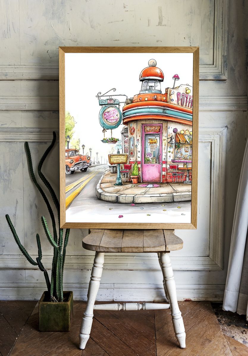 Retro Diner Street Scene Illustration Poster. — room view 1