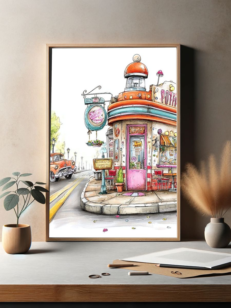 Retro Diner Street Scene Illustration Poster. — room view 2