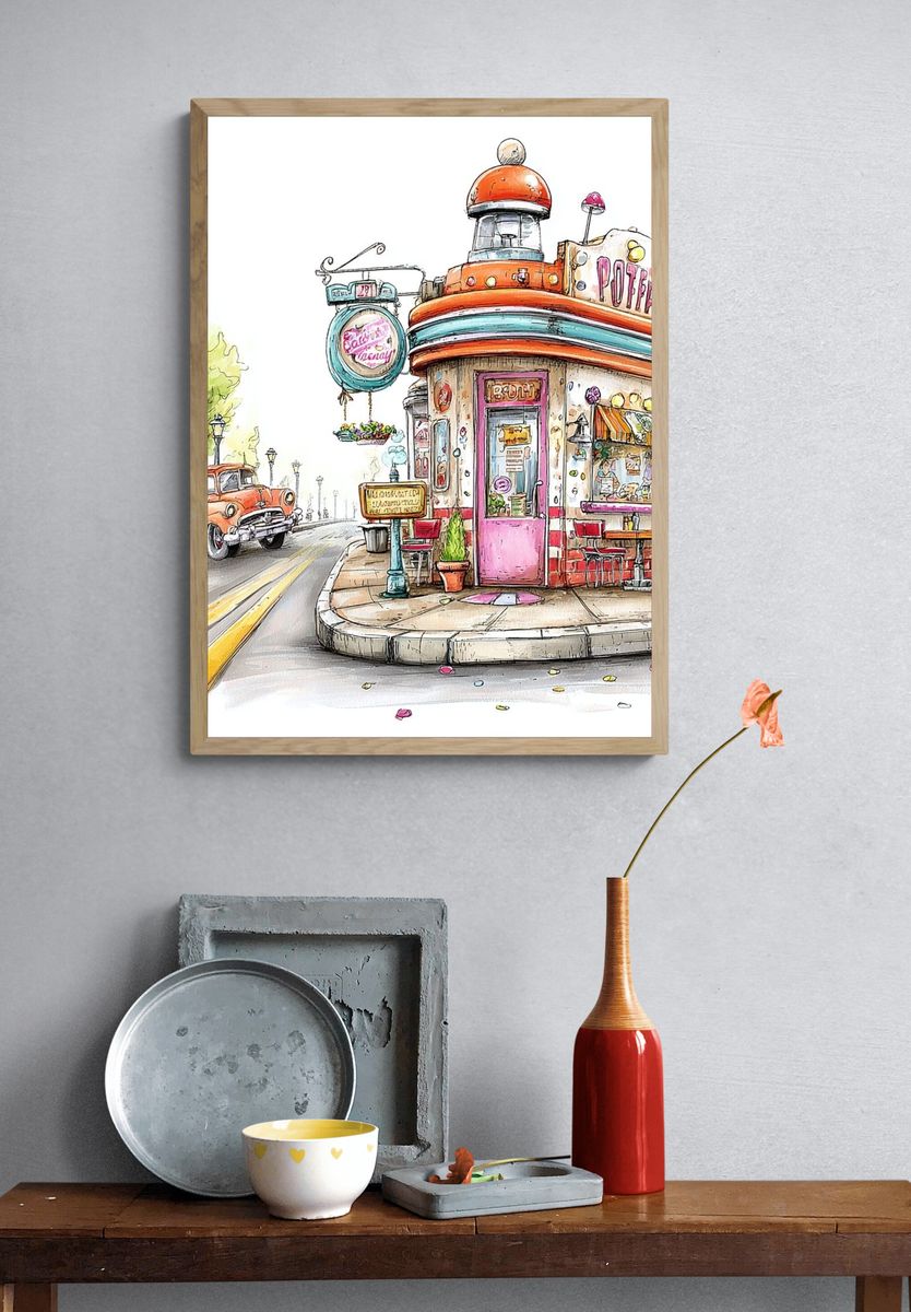 Retro Diner Street Scene Illustration Poster. — room view 3