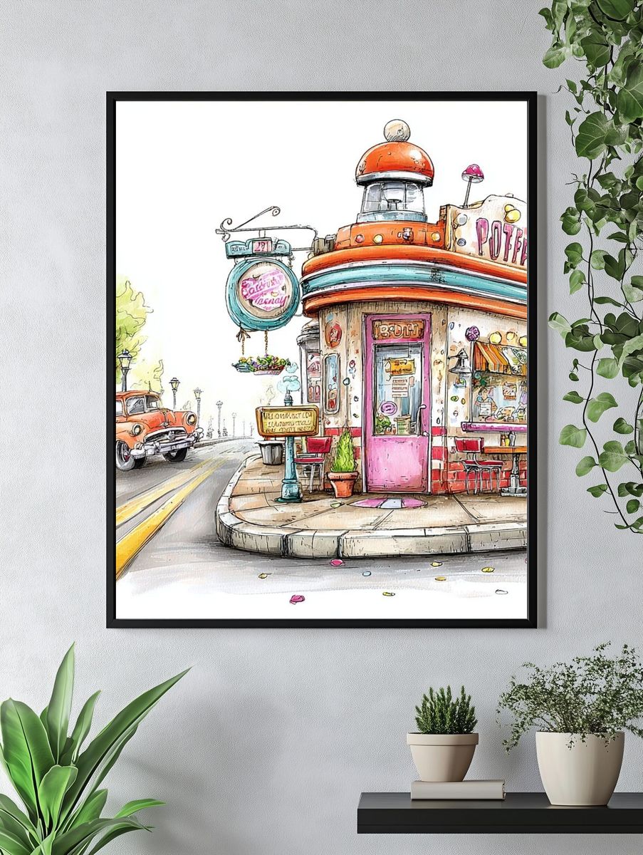 Retro Diner Street Scene Illustration Poster. — room view 4