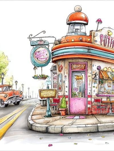 Retro Diner Street Scene Illustration Poster. poster