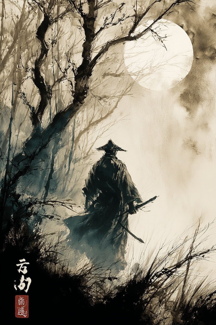 Samurai Moonlit Forest Print. poster detail