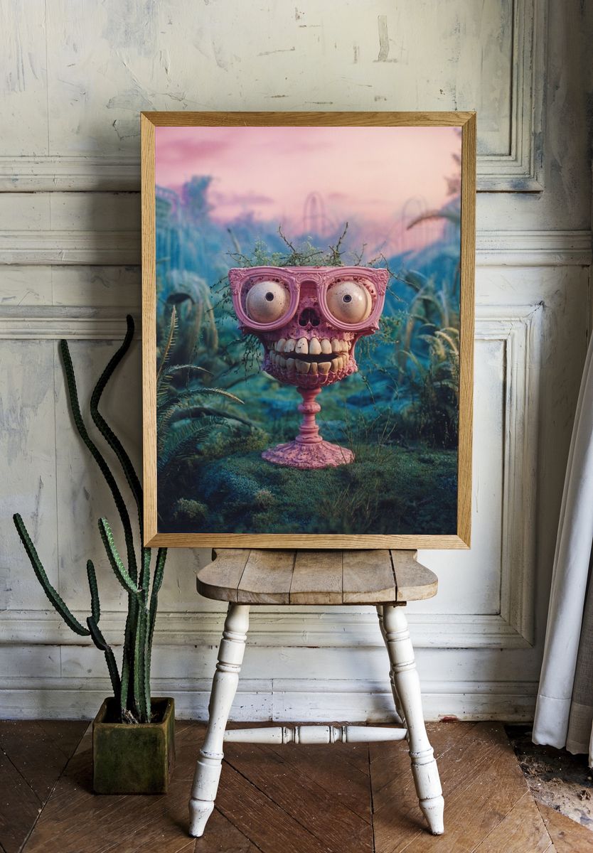 Surreal Pink Skull Garden Print. — room view 1