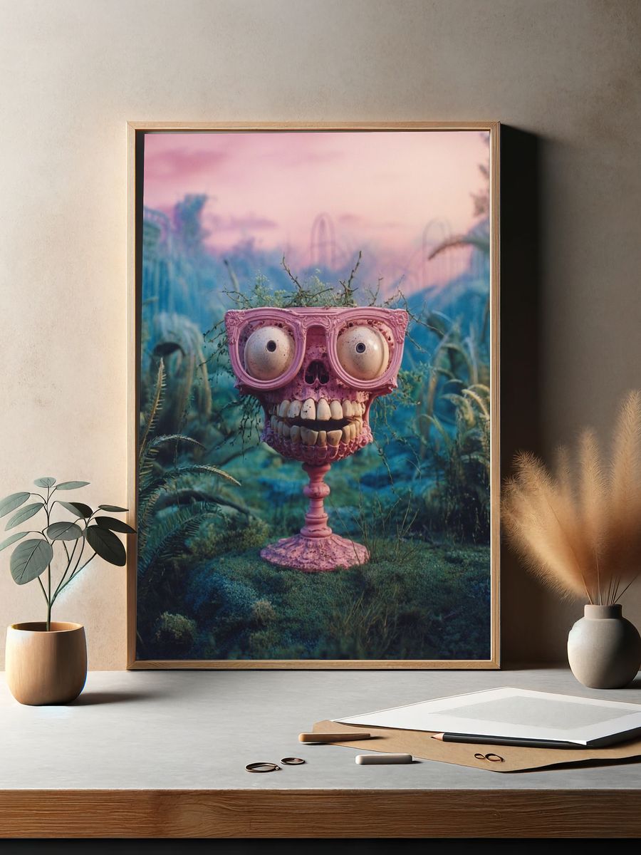 Surreal Pink Skull Garden Print. — room view 2