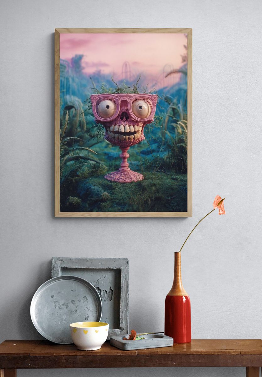 Surreal Pink Skull Garden Print. — room view 3
