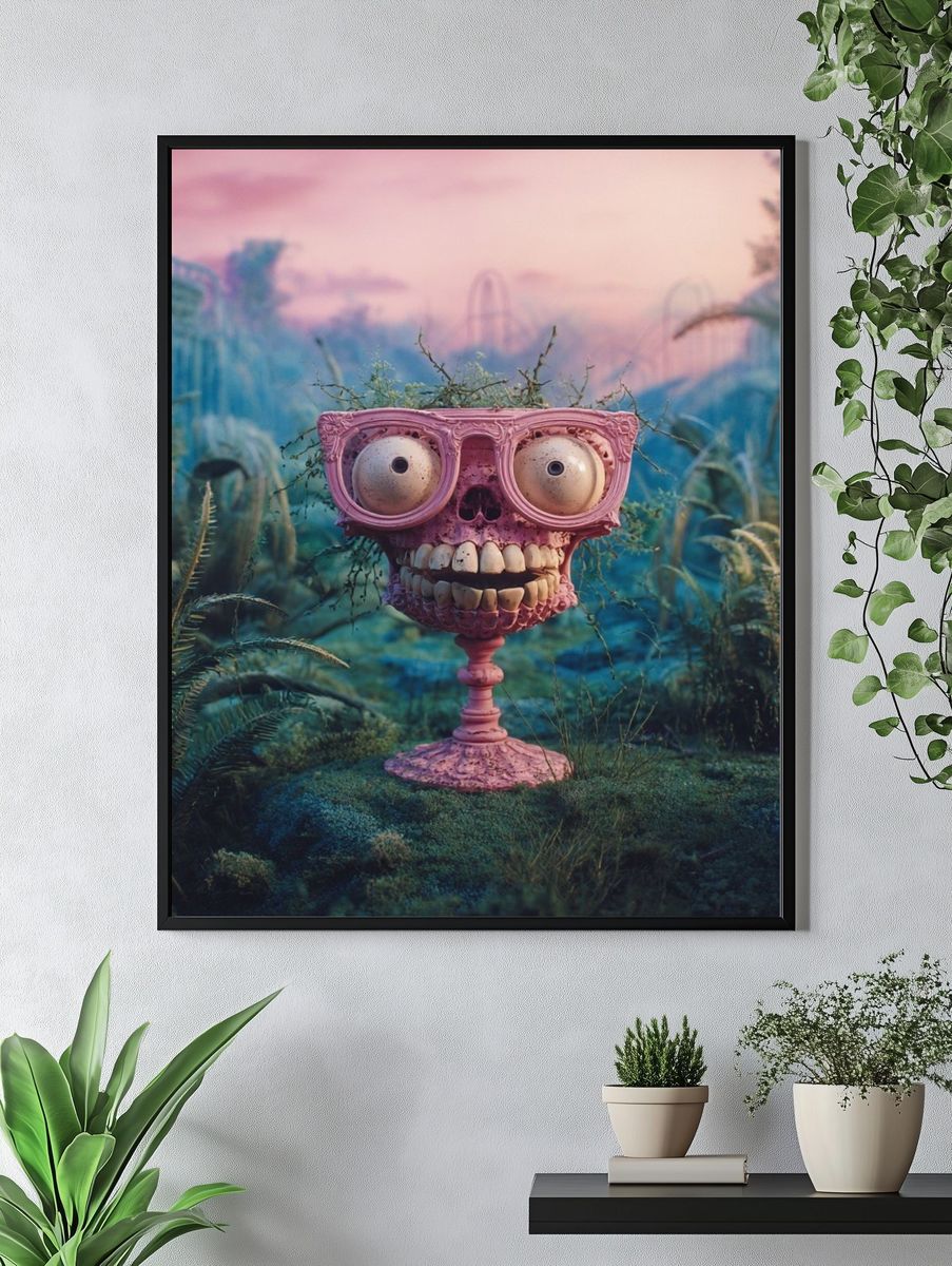 Surreal Pink Skull Garden Print. — room view 4