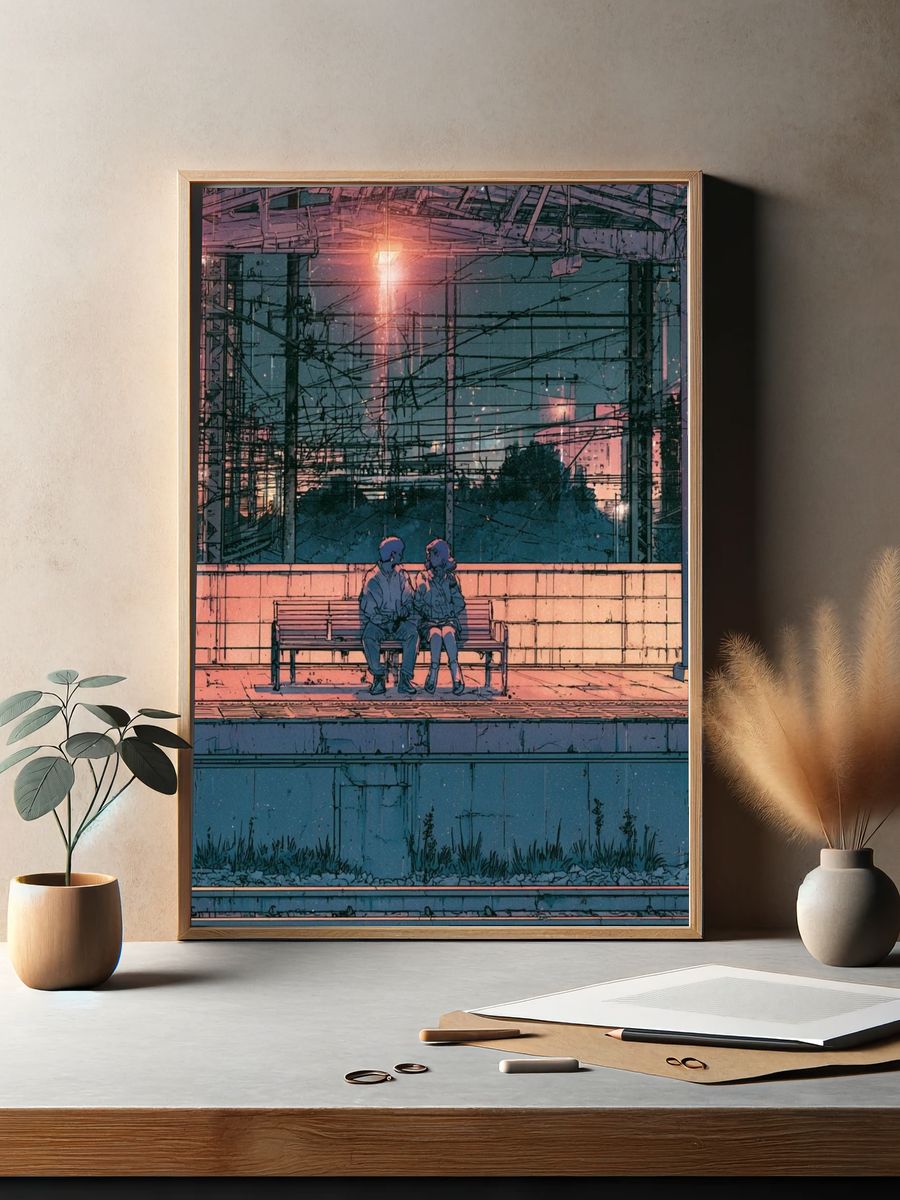 Train Platform Couple Illustration Poster. — room view 2