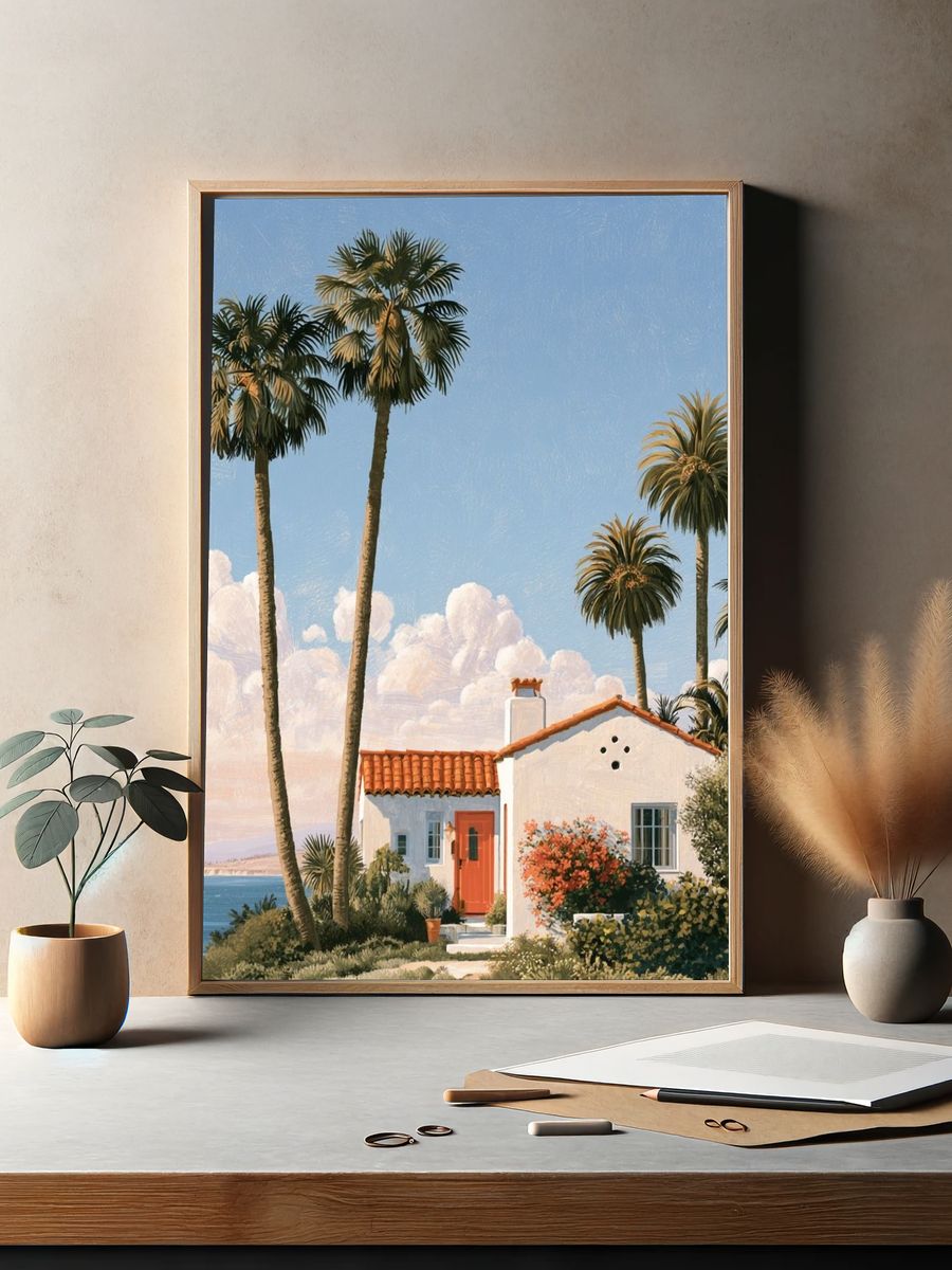 Coastal Palm House Illustration Poster. — room view 2