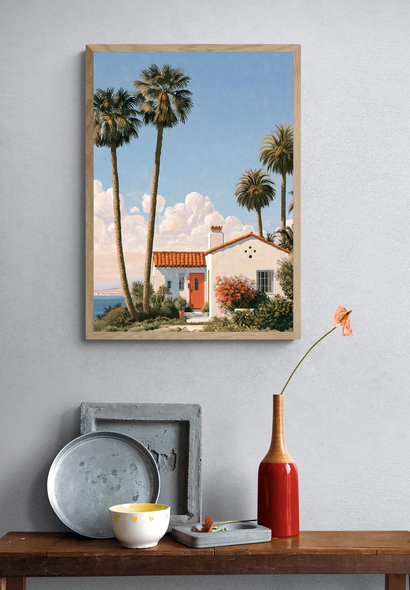 Coastal Palm House Illustration Poster. — room view 3