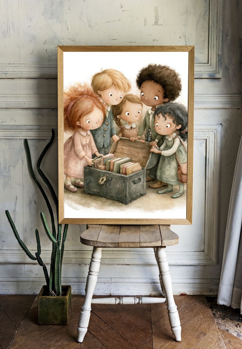 Children Discovering Books Illustration Poster. room preview