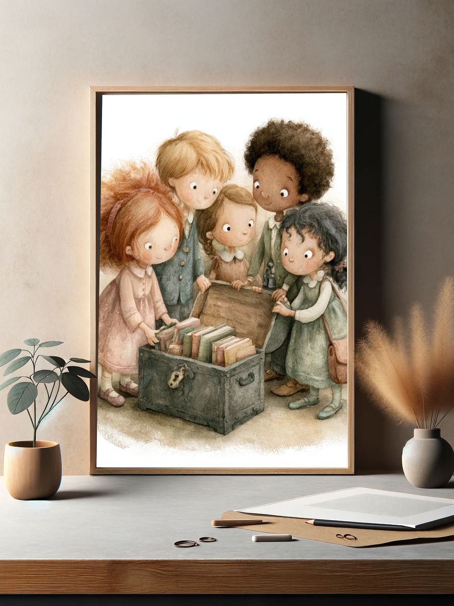 Children Discovering Books Illustration Poster. — room view 2