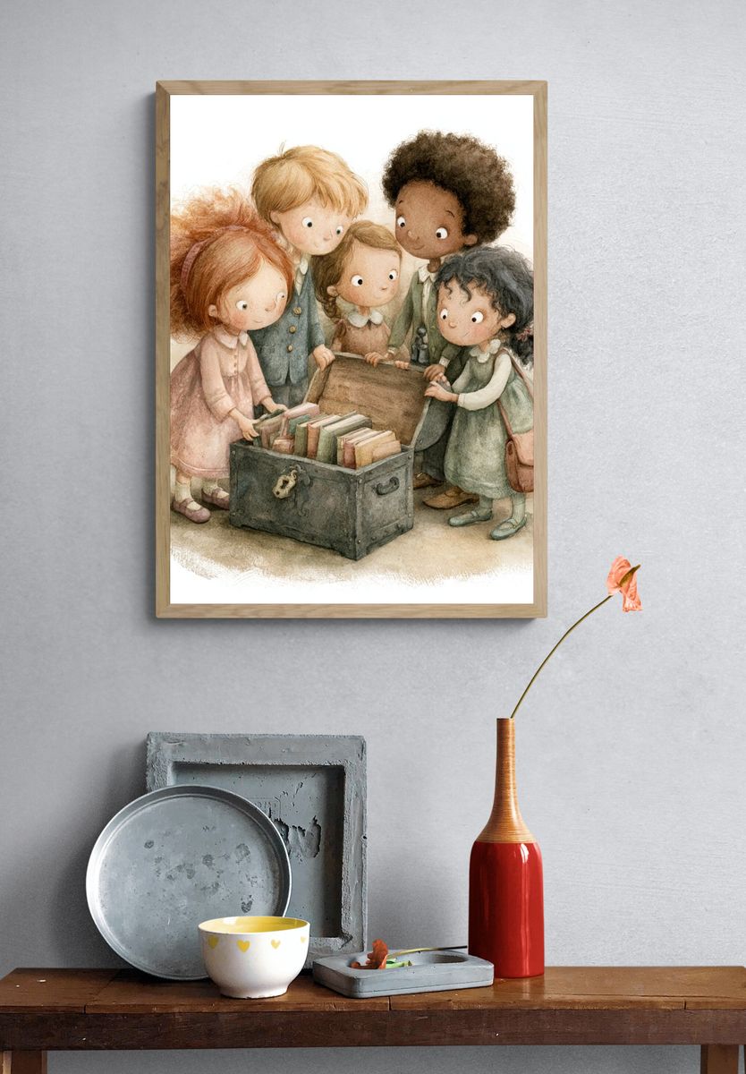 Children Discovering Books Illustration Poster. — room view 3