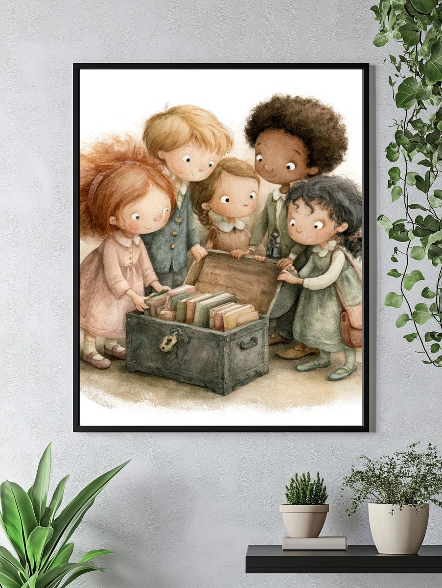 Children Discovering Books Illustration Poster. — room view 4