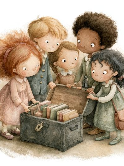Children Discovering Books Illustration Poster.