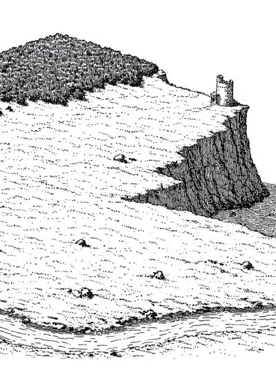 Cliffside Castle Ink Print. poster