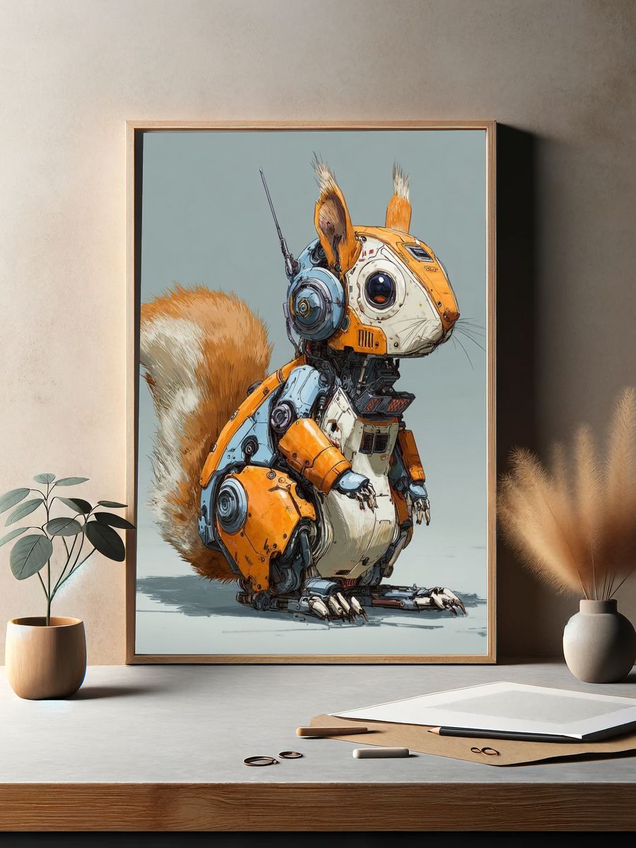 Robot Squirrel Digital Art Poster. — room view 2