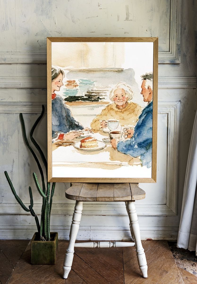 Family Tea Time Watercolor Poster. — room view 1