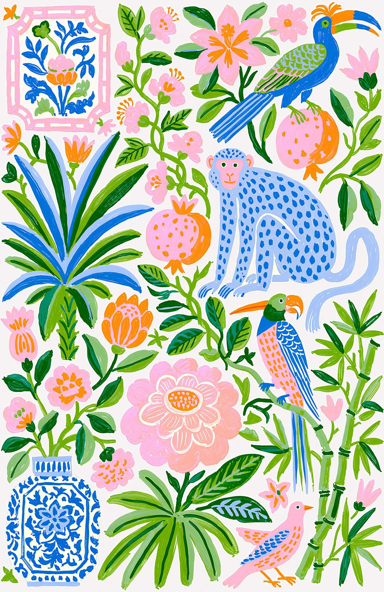 Tropical Birds and Blooms Illustration Poster. poster — illustration art