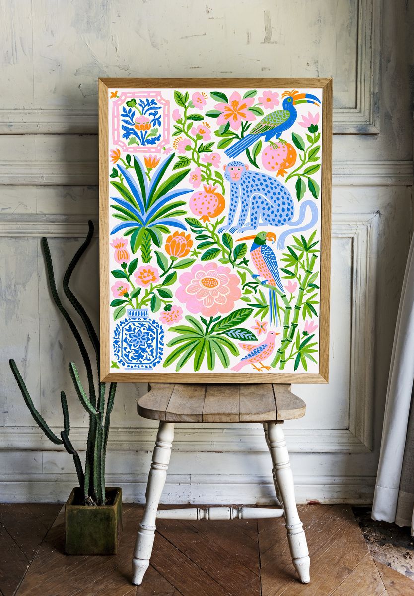 Tropical Birds and Blooms Illustration Poster. room preview