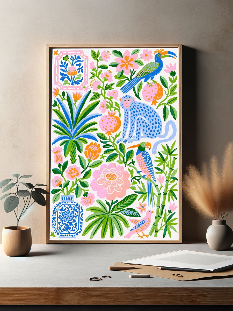Tropical Birds and Blooms Illustration Poster. — room view 2