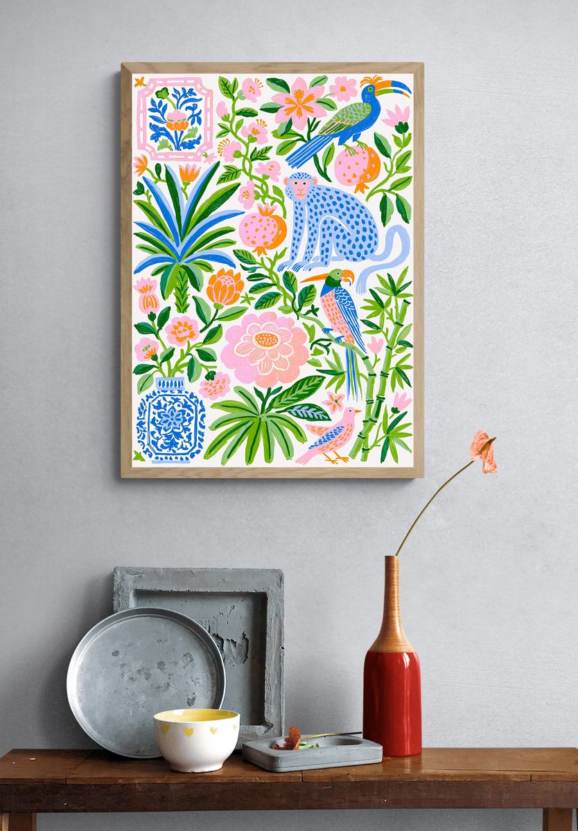 Tropical Birds and Blooms Illustration Poster. — room view 3