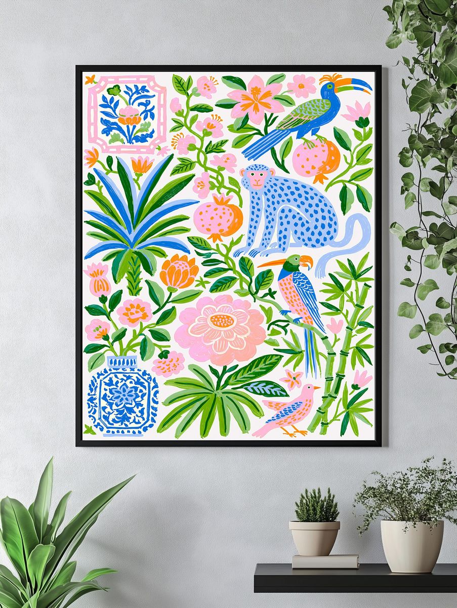 Tropical Birds and Blooms Illustration Poster. — room view 4