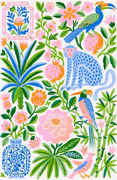 Tropical Birds and Blooms Illustration Poster.