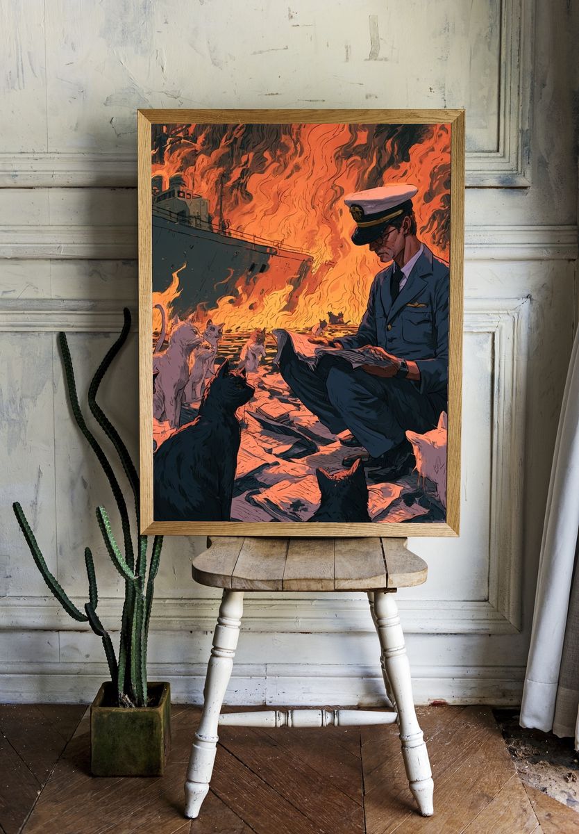 Cat Rescue Fire Scene Illustration Poster. room preview