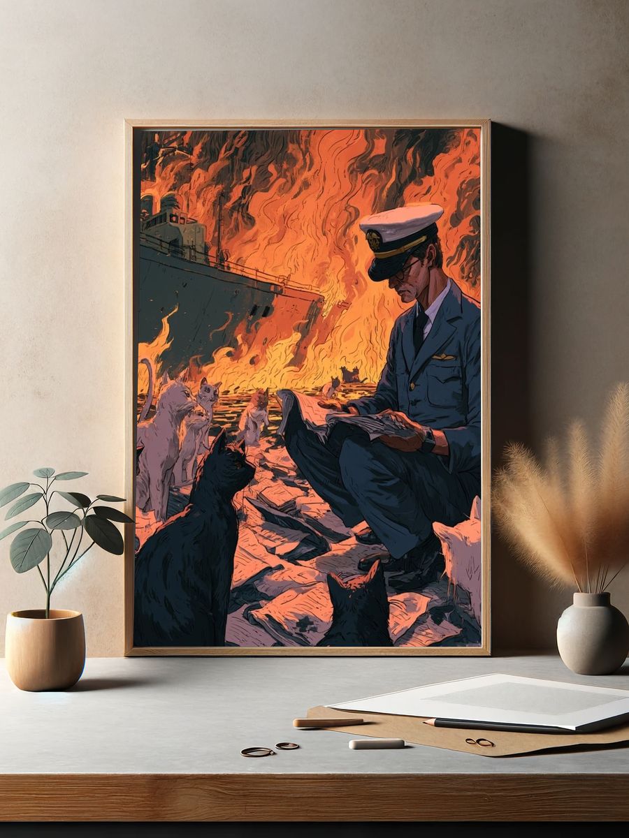 Cat Rescue Fire Scene Illustration Poster. — room view 2