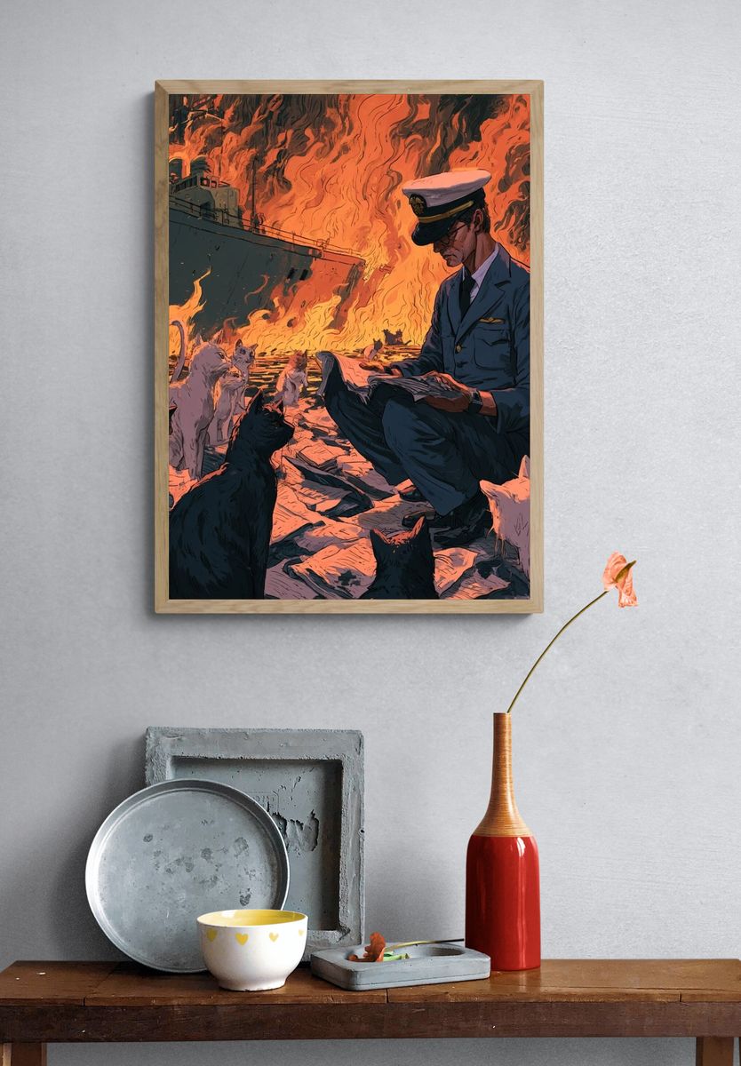 Cat Rescue Fire Scene Illustration Poster. — room view 3
