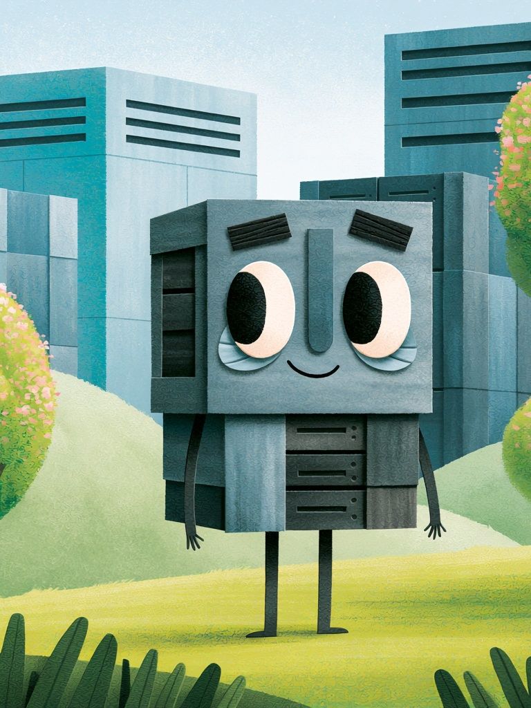 Cute Robot Cityscape Illustration Print. poster detail