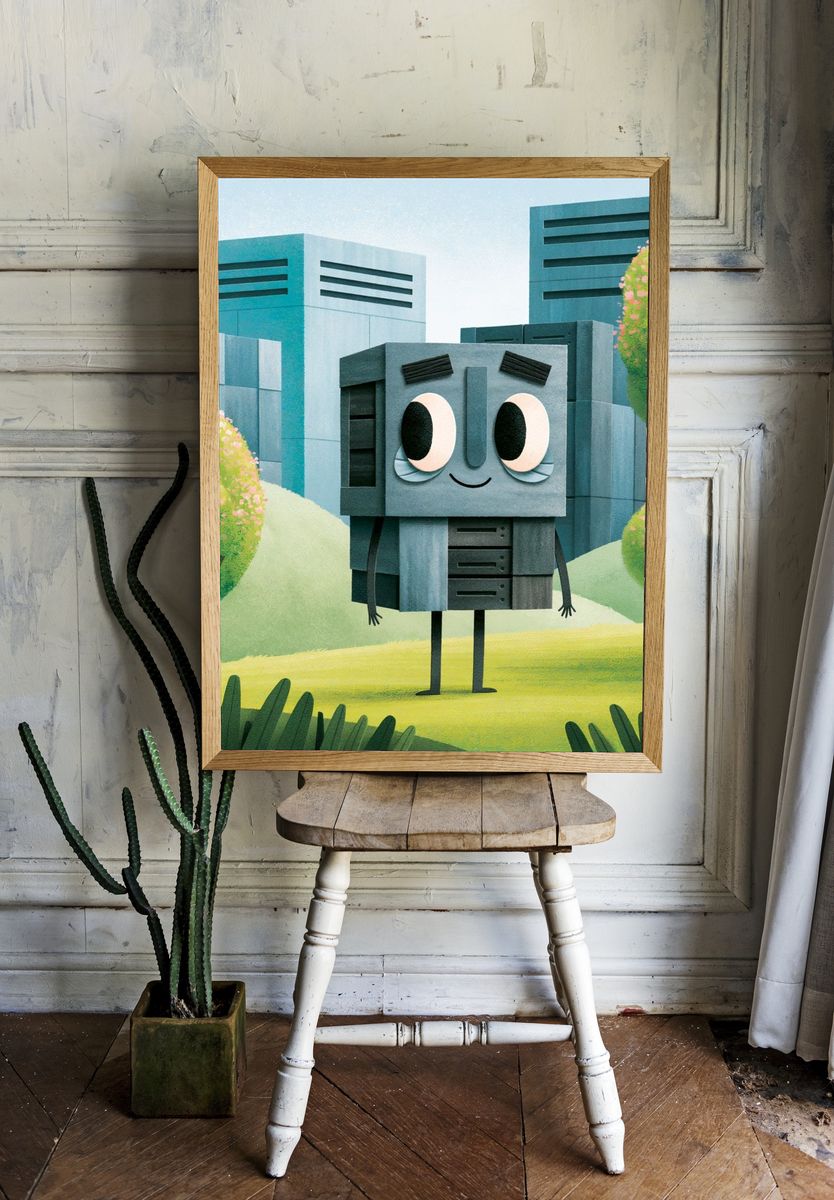 Cute Robot Cityscape Illustration Print. — room view 1