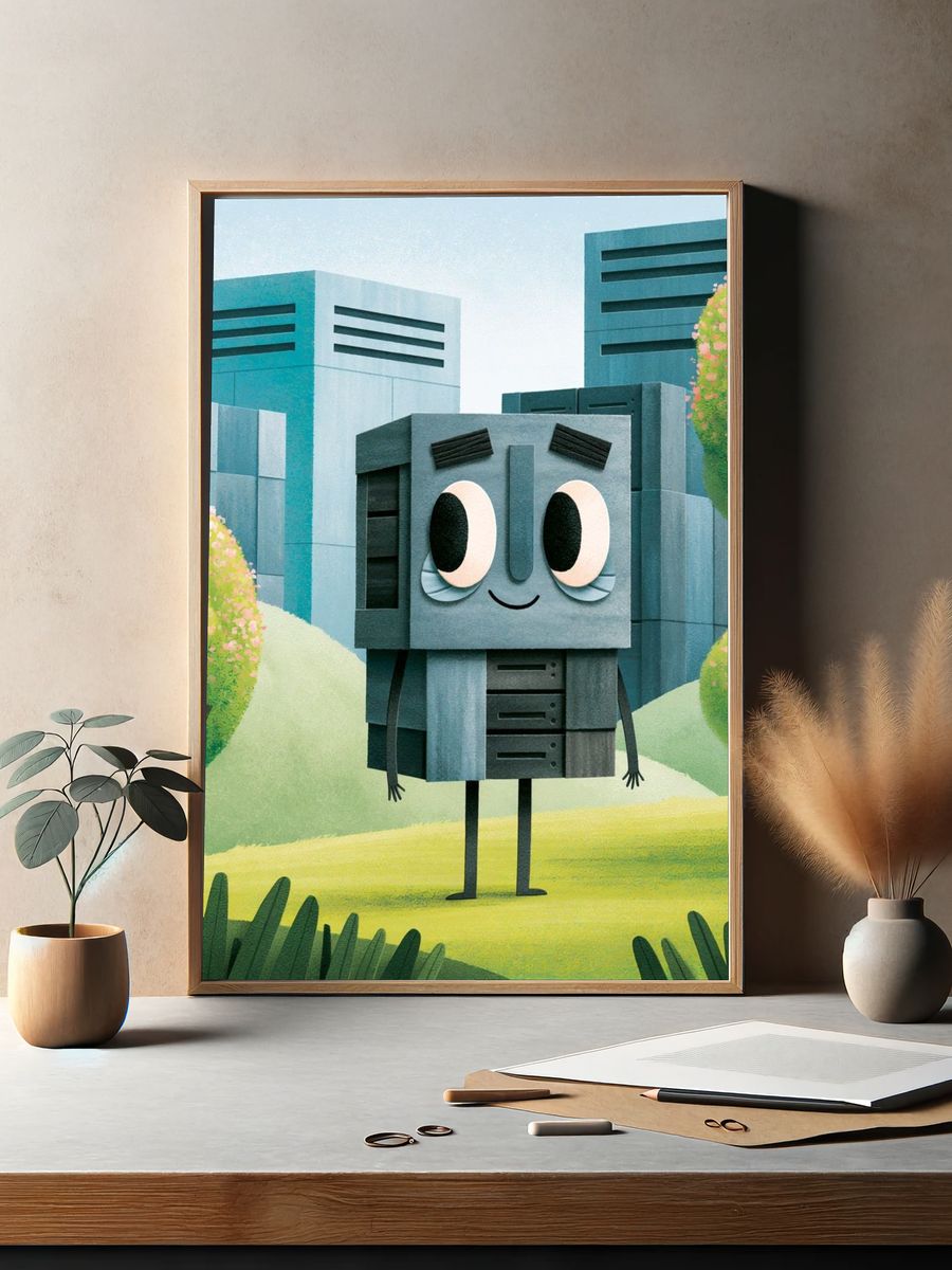 Cute Robot Cityscape Illustration Print. — room view 2