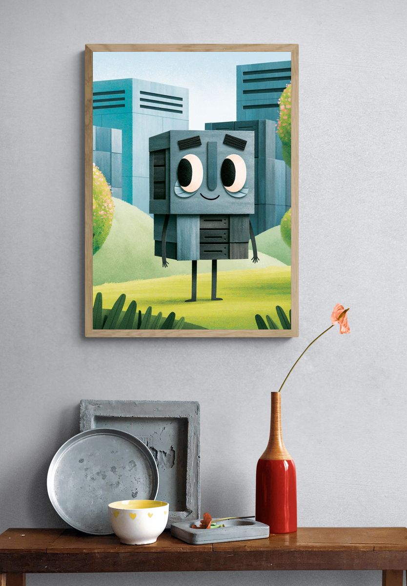 Cute Robot Cityscape Illustration Print. — room view 3