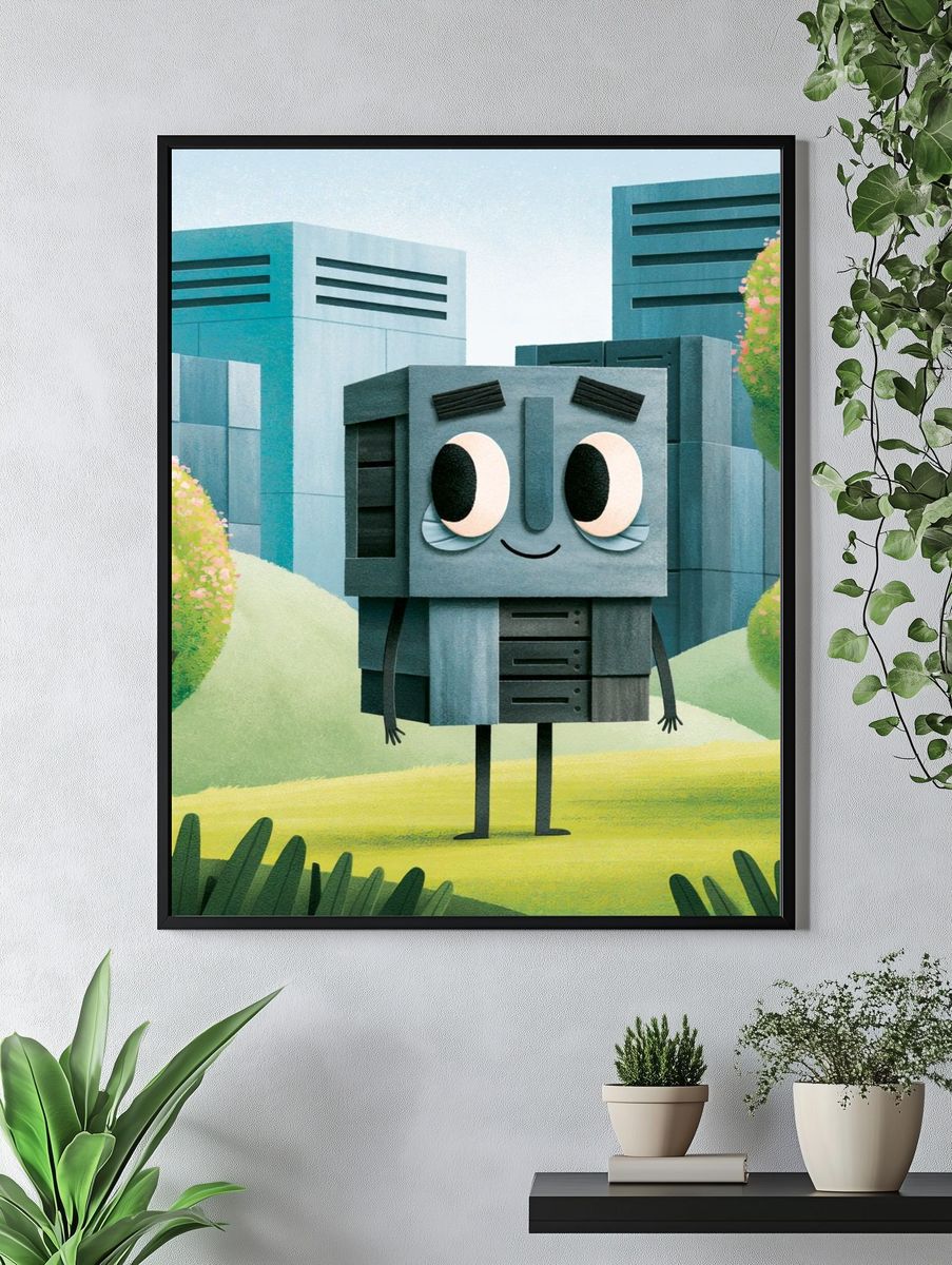 Cute Robot Cityscape Illustration Print. — room view 4