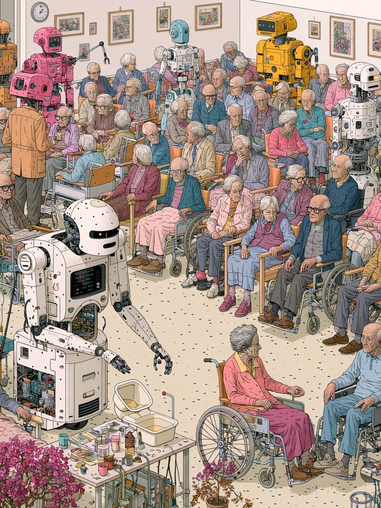 Robots and Seniors Illustration Poster. poster detail