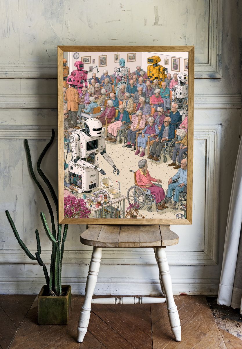 Robots and Seniors Illustration Poster. room preview