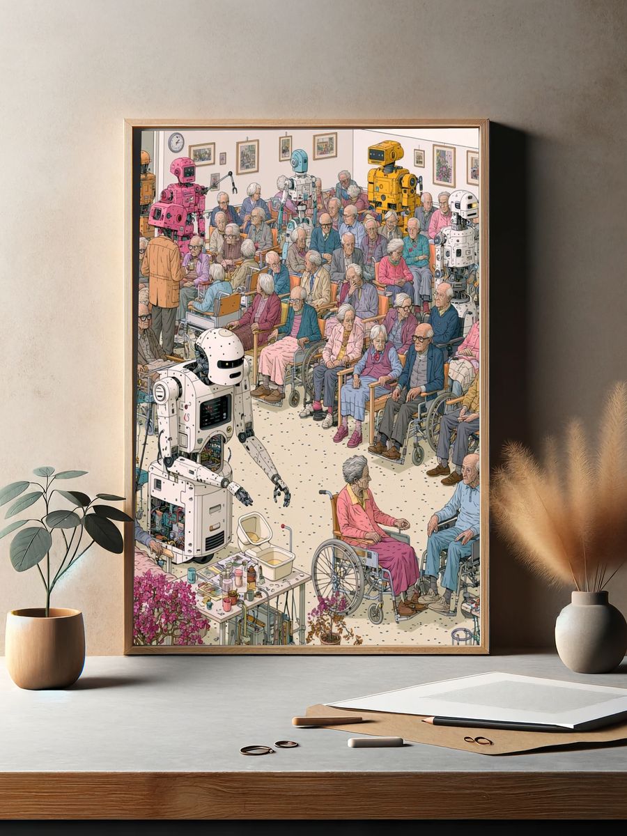 Robots and Seniors Illustration Poster. — room view 2