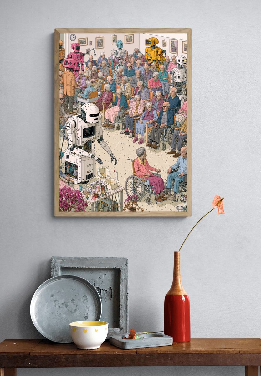 Robots and Seniors Illustration Poster. — room view 3