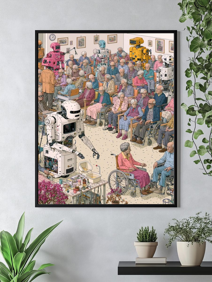 Robots and Seniors Illustration Poster. — room view 4