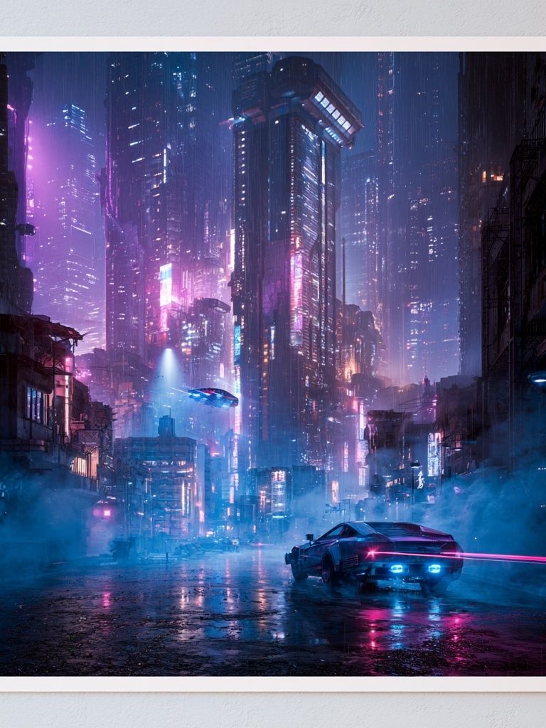 Neon Cyberpunk Cityscape Print. poster — illustration art