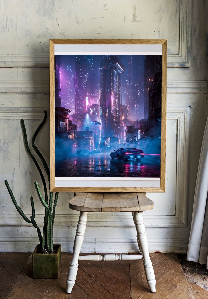 Neon Cyberpunk Cityscape Print. room preview