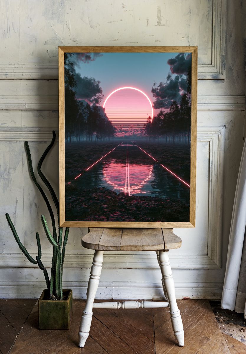 Neon Sunset Forest Road Print. room preview