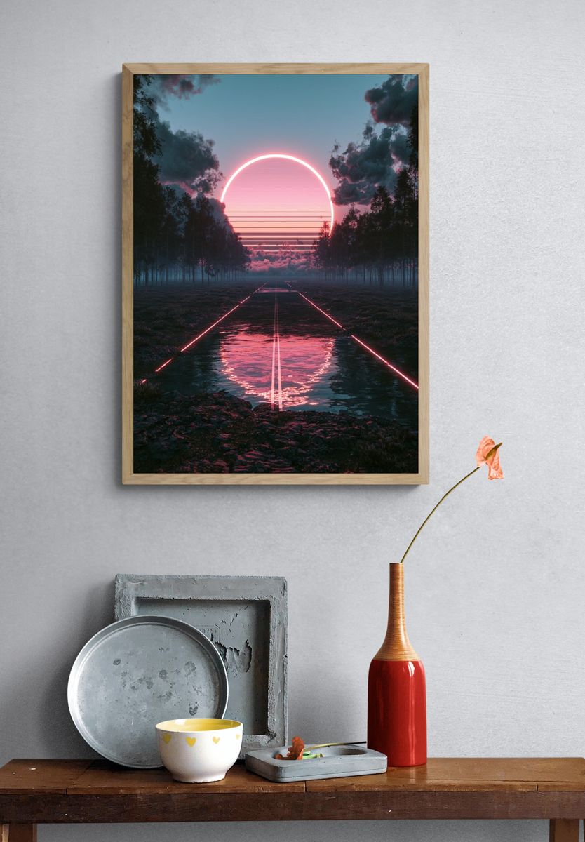 Neon Sunset Forest Road Print. — room view 3
