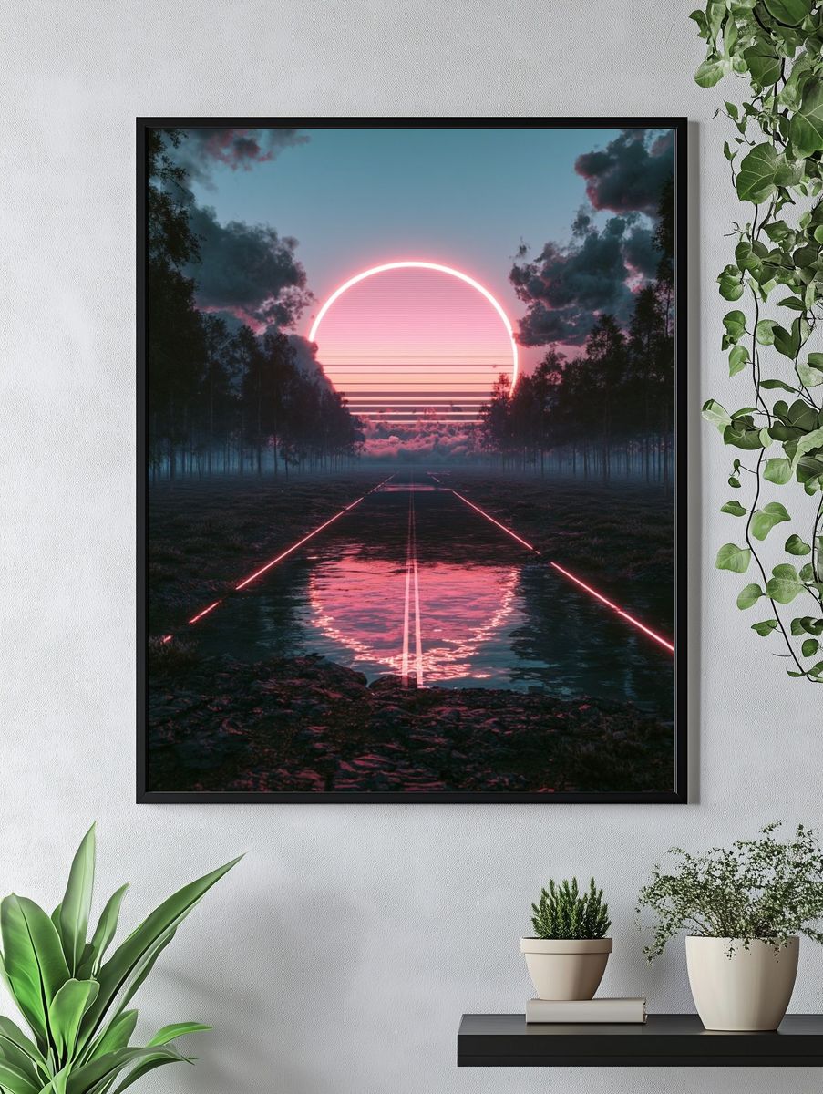Neon Sunset Forest Road Print. — room view 4
