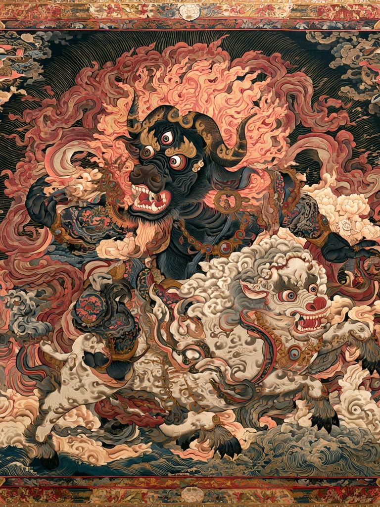 Mythic Bull and Lion Dance Print. poster — illustration art