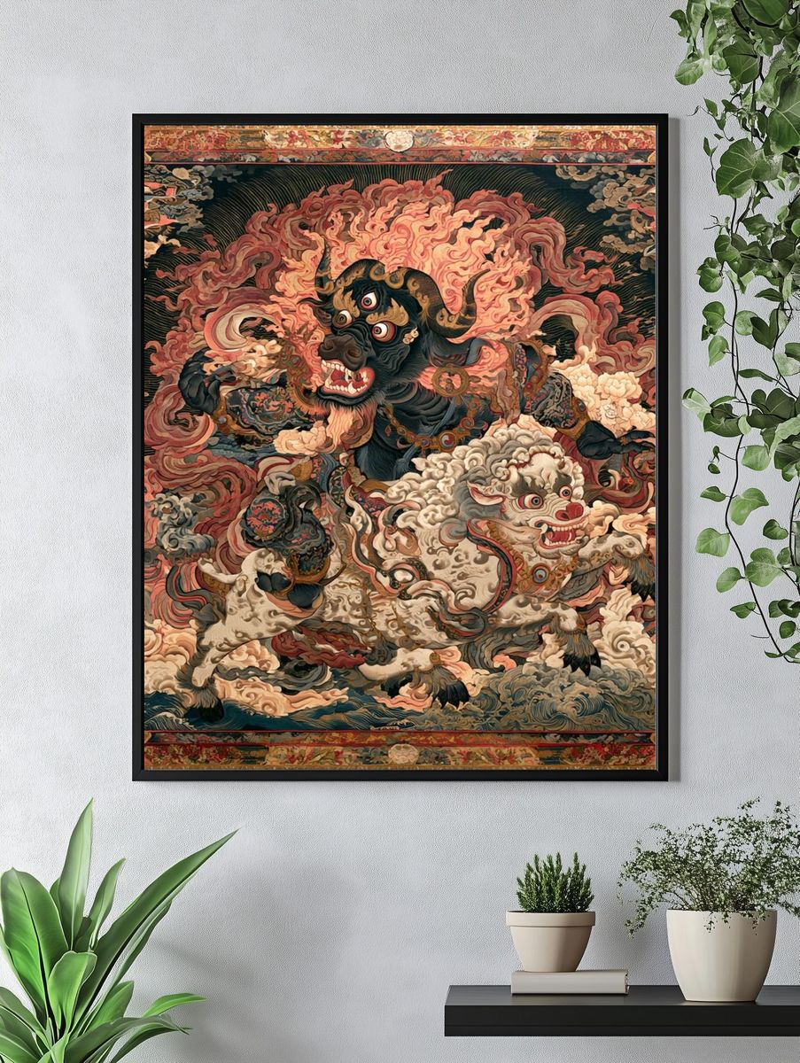 Mythic Bull and Lion Dance Print. — room view 4