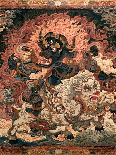 Mythic Bull and Lion Dance Print. poster