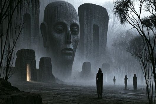 Misty Monolith Faces Surrealism Poster. poster detail